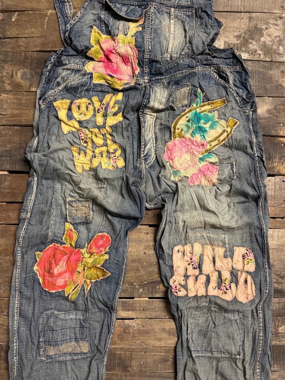 Jaded Gypsy Floral Patchwork Denim Overalls - Pink & Yellow Embroidered Design - Picture 1 of 9